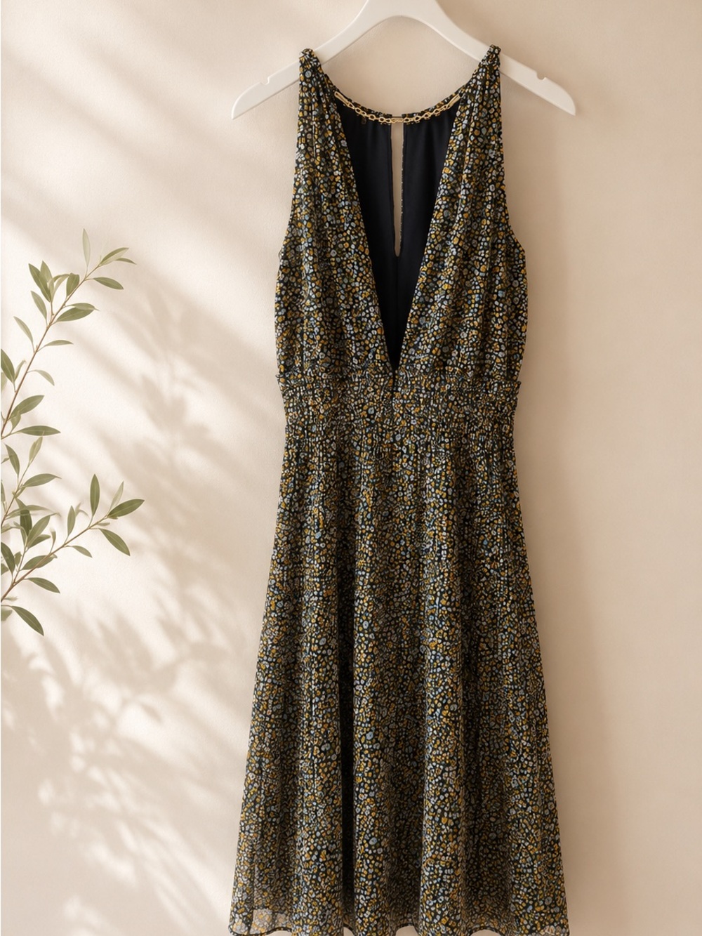 Michael Kors Pleated Georgette Dress 2 Yellow Midi Floral Sundress - Picture 2 of 3